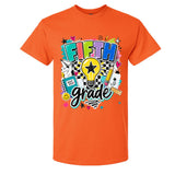 An orange short-sleeve crewneck t-shirt featuring a colorful 'Fifth Grade' graphic on the front, displayed against a solid white background.