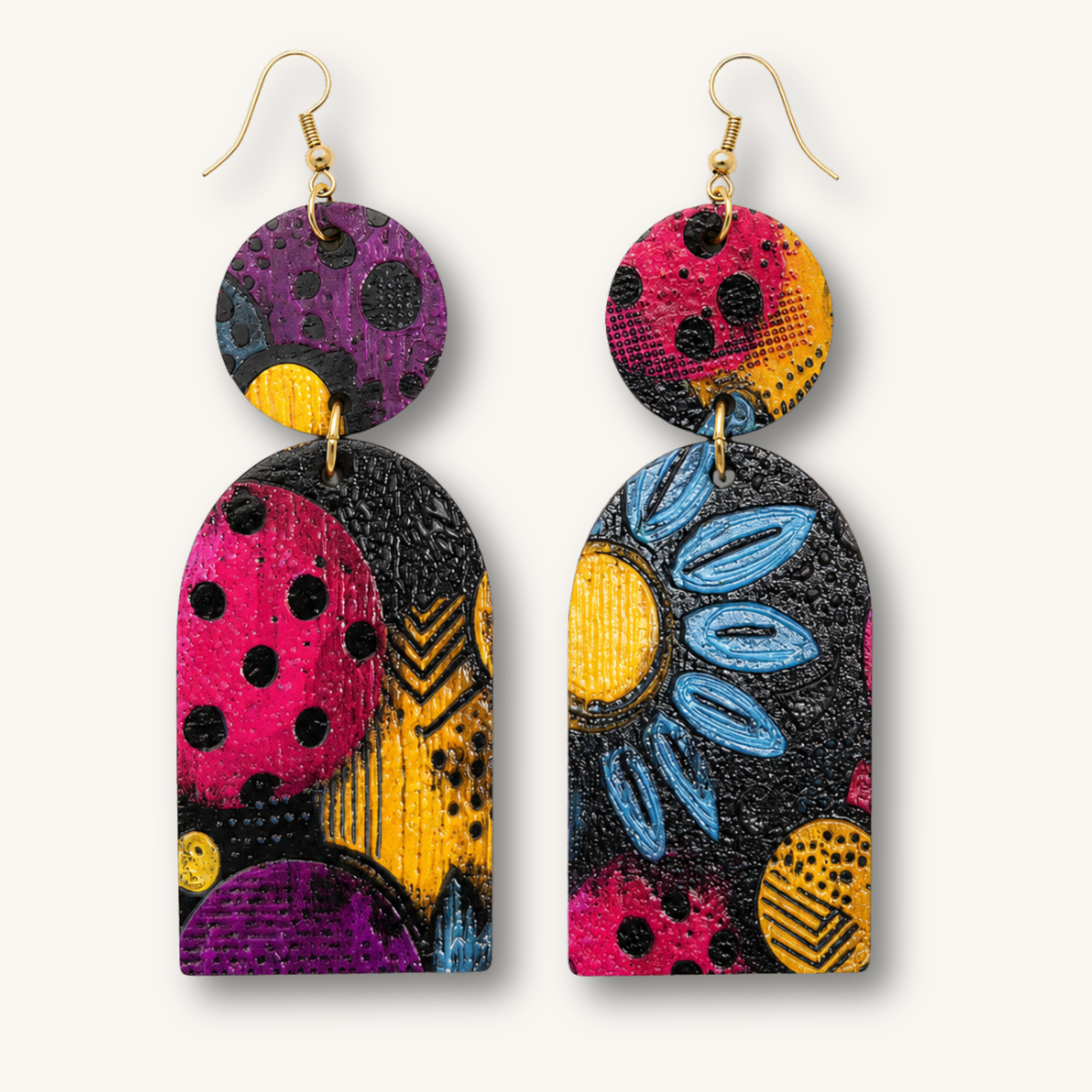Blue Floral Wood Dangle Earrings on a clean ivory background.