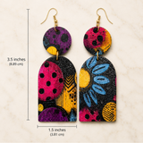 Blue Floral Wood Dangle Earrings measuring 3.5 inches high by 1.5 inches wide.
