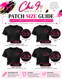 A size guide infographic for Chi 9 Designs patch placement on black t-shirts, showing four different patch sizes (3 inch, 3.5 inch, 4 inch, and 5 inch) with measurements, placement instructions, and decorative pink and gold accents.
