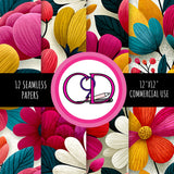 Bold Bloom Digital Paper Pack | 12 Floral Patterns | 12x12 Scrapbook Paper | Pink & Orange Flower Backgrounds | Commercial Use