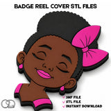 Digital preview of a cartoon-style badge reel cover featuring a smiling woman with closed eyes, dark brown skin, black hair, and a bright pink bow, with text reading 'BADGE REEL COVER STL FILES' and file download details on a white background.