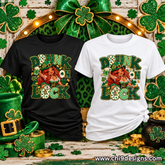 Black and white T-shirt mockups displaying the Drunk on Luck St. Patrick’s Day graphic.