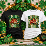 Black and white T-shirt mockups displaying the Drunk on Luck St. Patrick’s Day graphic.