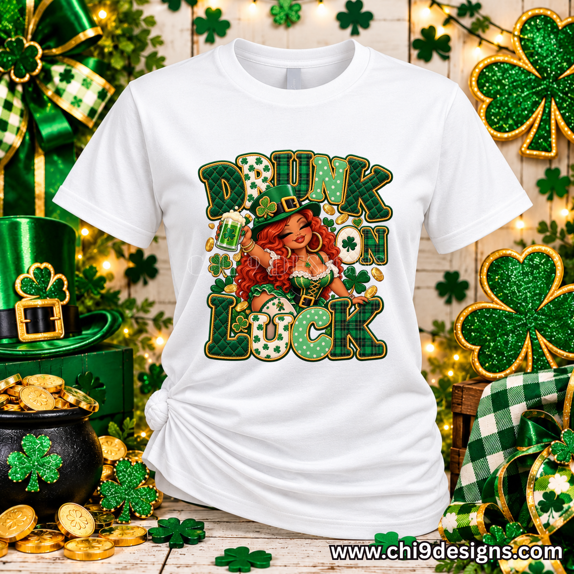 White unisex St. Patrick’s Day T-shirt featuring Chi 9 Designs Drunk on Luck leprechaun graphic.