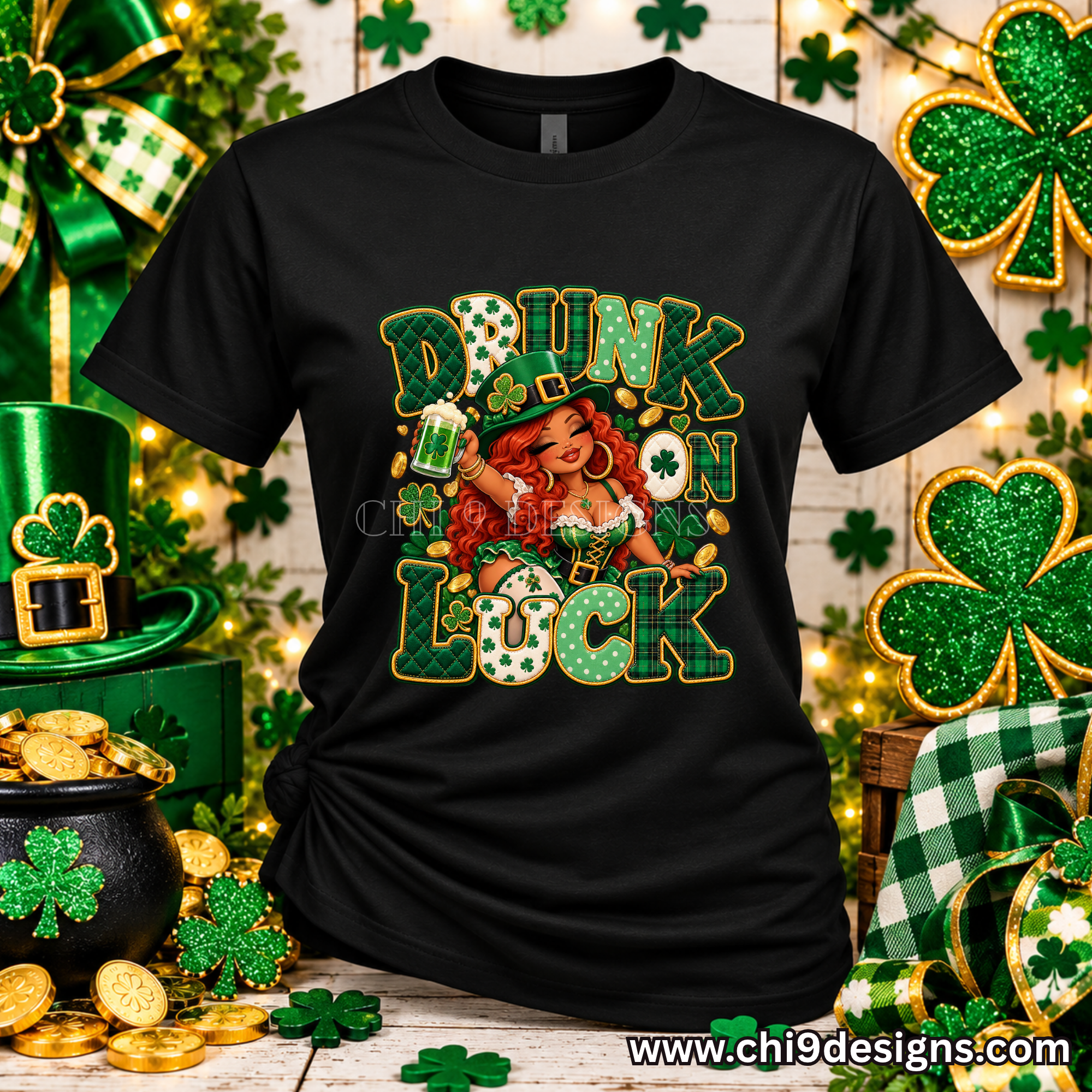 Drunk on Luck graphic displayed on a black St. Patrick’s Day T-shirt.