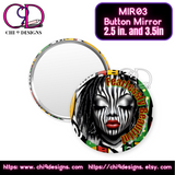 Afrocentric button mirror featuring a striking Black woman with zebra-striped face paint, bold red lips, and intricate braided hair adorned with beads. The mirror design includes vibrant African-inspired patterns in red, yellow, green, and black. The words 'Fearlessly Beautiful' are displayed in bold, gradient yellow-to-red text. Available in 2.5-inch and 3.5-inch sizes, this compact mirror by Chi 9 Designs is perfect for on-the-go touch-ups. Website links for purchase are displayed at the bottom