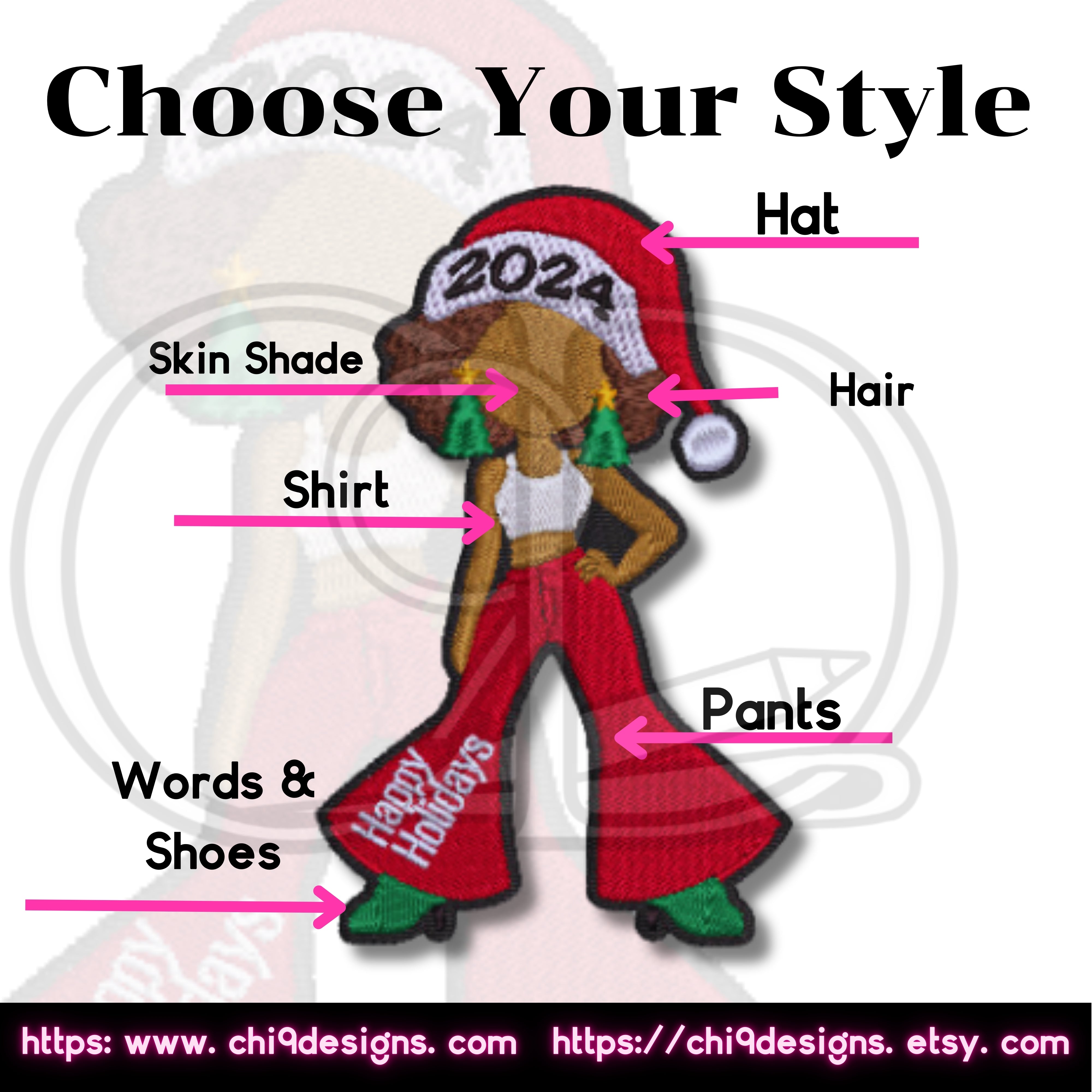 red and white version of the 2024 Holiday Diva patch with customization options for skin, hair, hat, pants, and more.