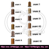 Customize your 2024 Holiday Diva patch with these skin tone options, offering 12 shades of brown and gold thread for personalized embroidery.