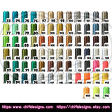 Color chart showing various thread colors for customizing Holiday Diva patches, including shades of yellow, orange, red, blue, purple, and pink.