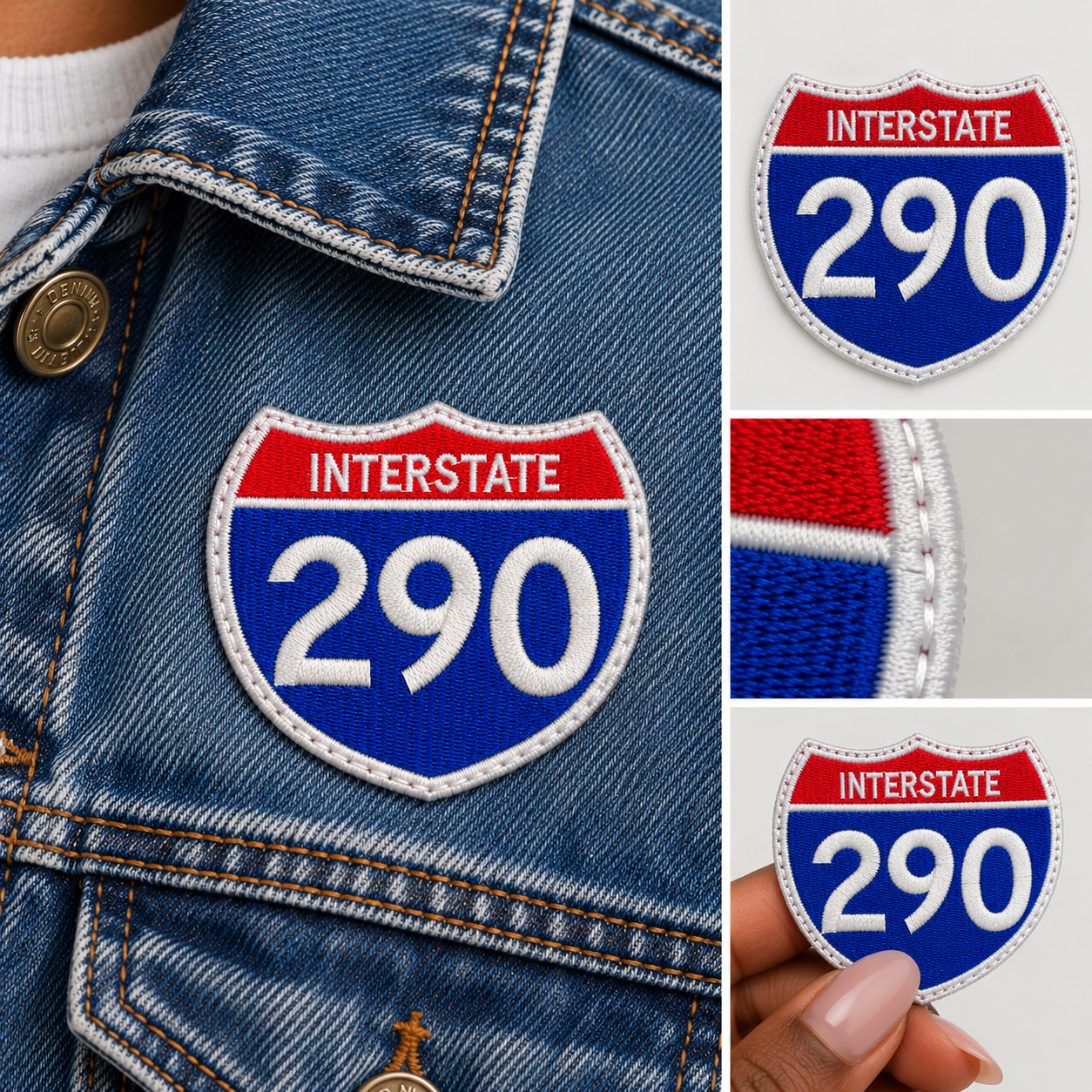 An embroidered Interstate 290 shield patch shown on a denim jacket, with three smaller inset views showing the patch alone and close-up details of the embroidery.