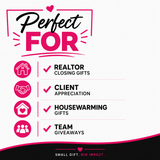 Promotional graphic with the words 'Perfect FOR' in black and pink, listing gift categories for a realtor: closing gifts, client appreciation, housewarming gifts, and team giveaways. The design uses pink icons and text on a white background with a black footer reading 'Small Gift.