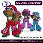 Group of 2024 Holiday Diva embroidered patches in red, pink, and blue color variations with "Happy Holidays" text.