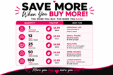 A promotional pricing chart for a house hunting or real estate savings program, titled 'SAVE MORE When You BUY MORE!'. The graphic outlines quantities from 1 to 100 pack sizes, including personal use, small teams, Realtors, open houses, and large events, with corresponding prices and benefits listed in a clean, two-column layout.