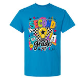 A Sapphire short-sleeve t-shirt with a colorful 'Second Grade' school-themed graphic on the chest, featuring a lightbulb, stars, and school supplies, shown on a plain white background.