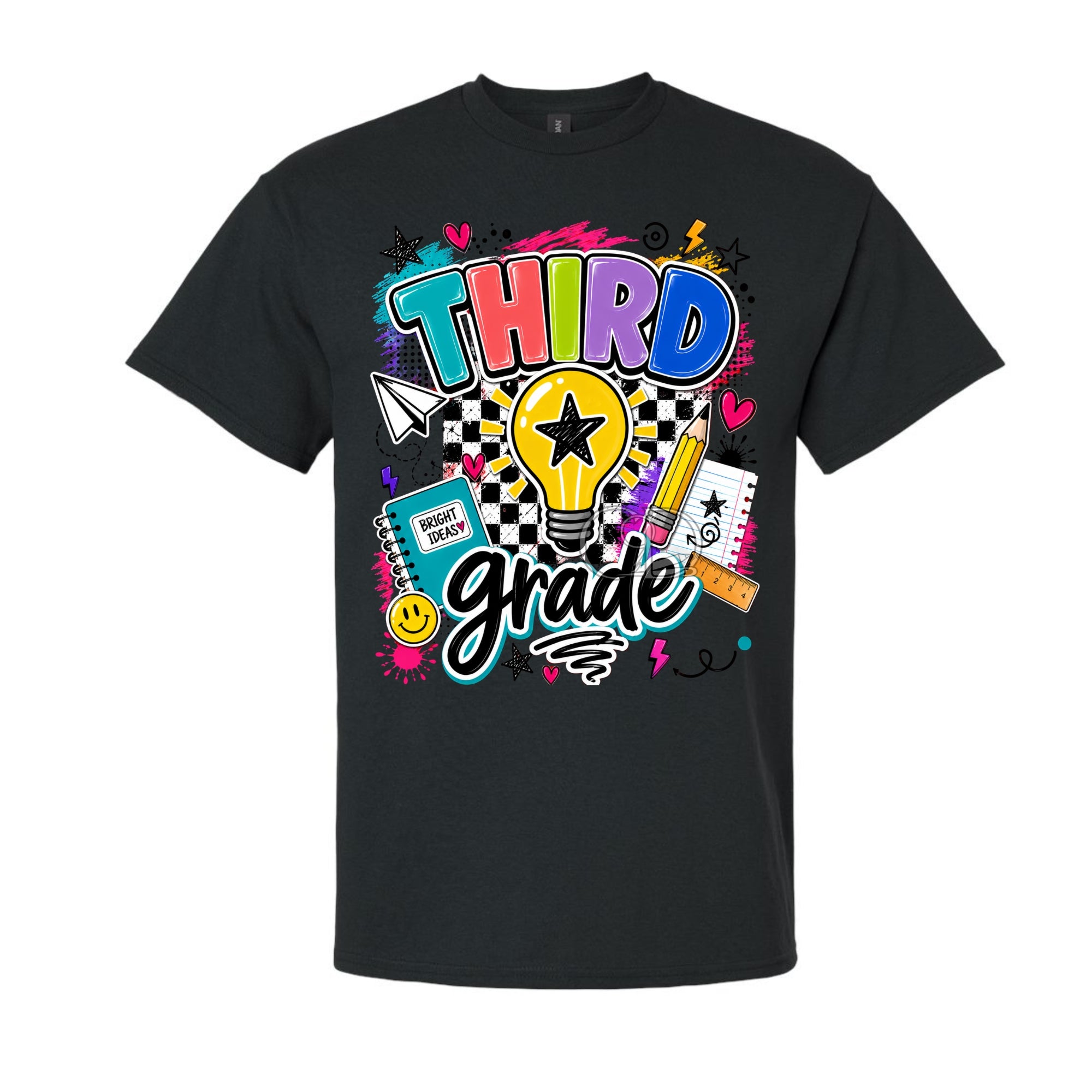A black short-sleeve crewneck t-shirt featuring a colorful graphic design on the front. The graphic reads 'THIRD grade' in stylized bubble lettering, surrounded by school-themed doodles including a lightbulb, notebook, pencil, and heart icons, set against a plain white background.