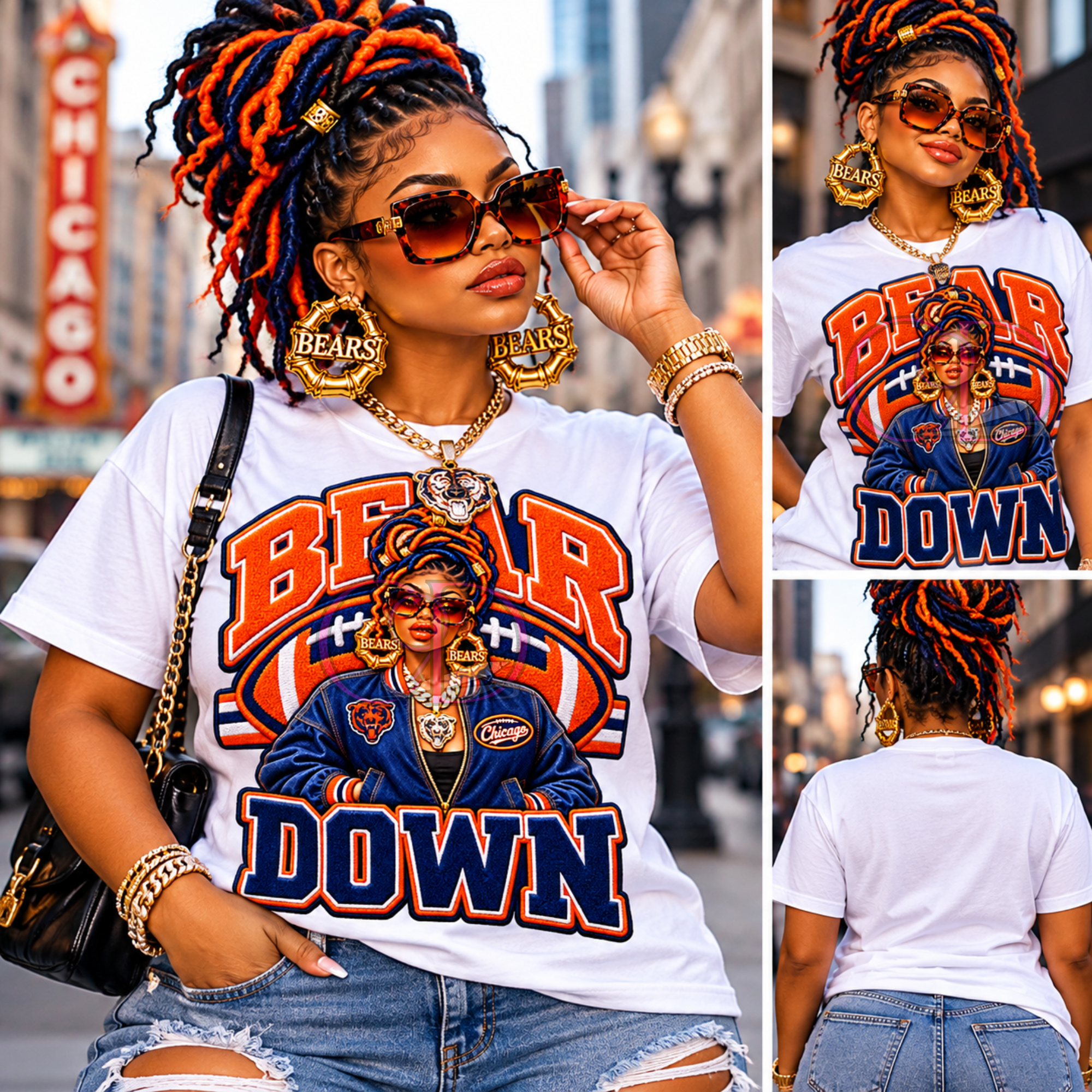 A woman modeling a white graphic T-shirt in an urban street setting, shown in a large front view and two smaller back/side views. The shirt features a bold red, orange, and navy graphic with the words 'BEAR DOWN' and an illustrated figure in a blue jacket.
