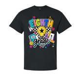 A black short-sleeve crewneck t-shirt featuring a colorful 'EIGHTH grade' graphic on the front, displayed against a solid white background.