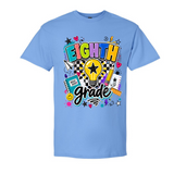 A light blue short-sleeve crewneck t-shirt featuring a colorful 'EIGHTH grade' graphic on the front, complete with a lightbulb, stars, hearts, and school-themed doodles, shown against a plain white background.