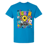 A bright blue short-sleeve crewneck t-shirt featuring a colorful 'Eighth Grade' graphic on the front, complete with a lightbulb, stars, hearts, and school supplies.