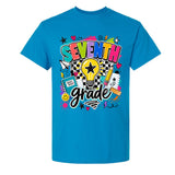A bright blue short-sleeve t-shirt with a colorful 'SEVENTH grade' graphic on the front, featuring school-themed doodles and icons like a lightbulb, pencil, notebook, and stars.