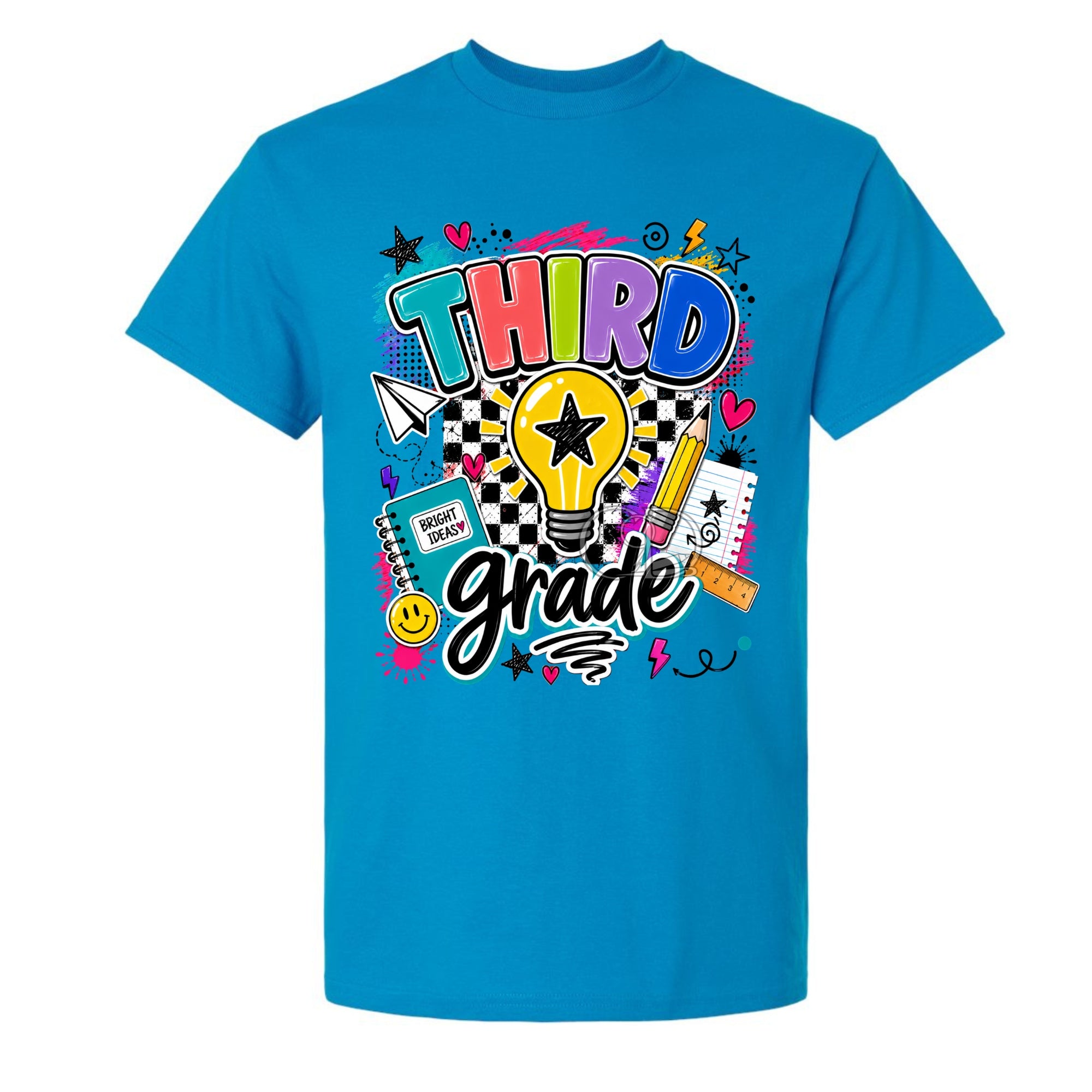 A bright blue short-sleeve t-shirt with a colorful 'Third Grade' graphic on the front, featuring school-themed doodles like a lightbulb, pencil, notebook, and stars, shown on a plain white background.