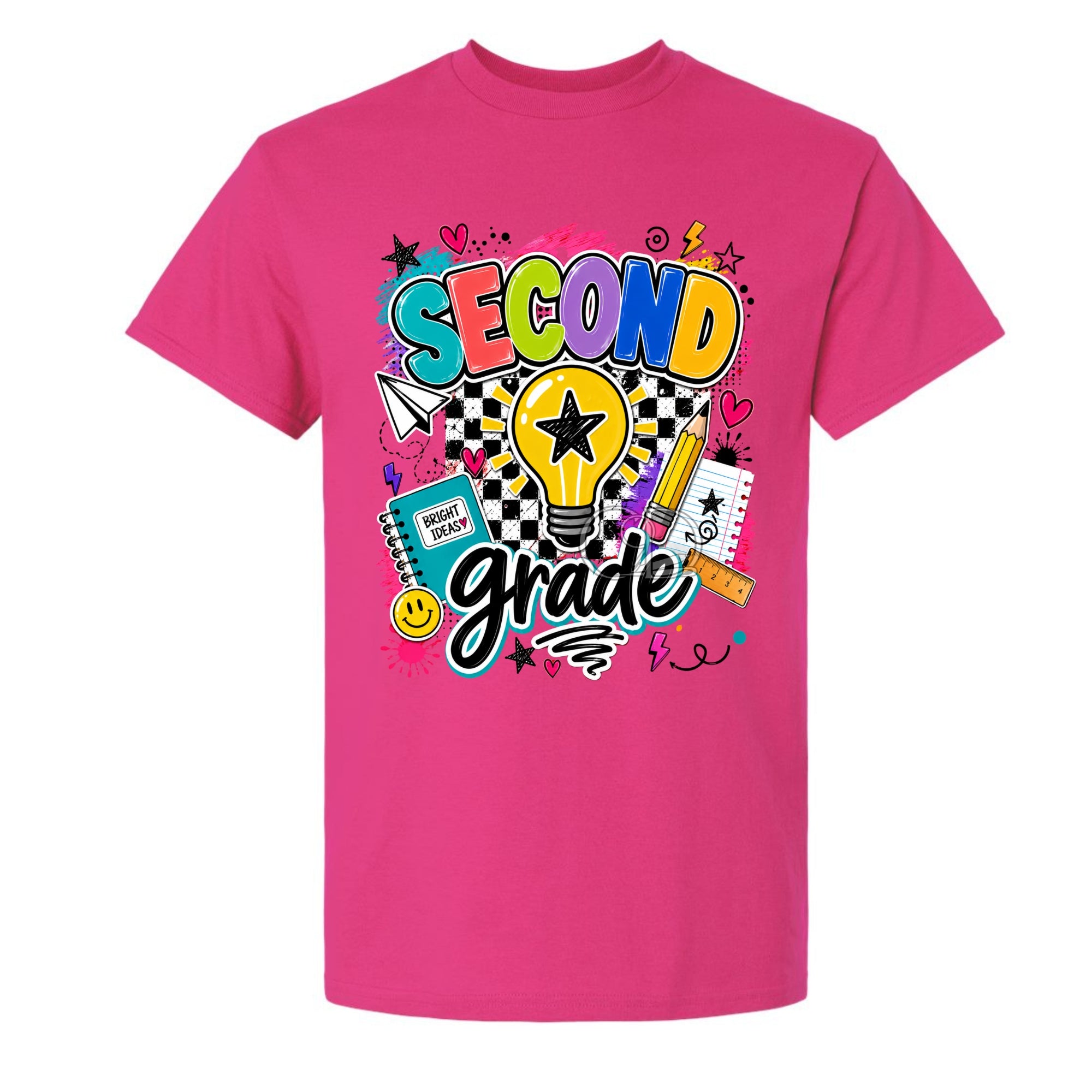 A bright pink short-sleeve crewneck t-shirt featuring a colorful 'Second Grade' graphic on the front, complete with a lightbulb, stars, hearts, and school supplies.
