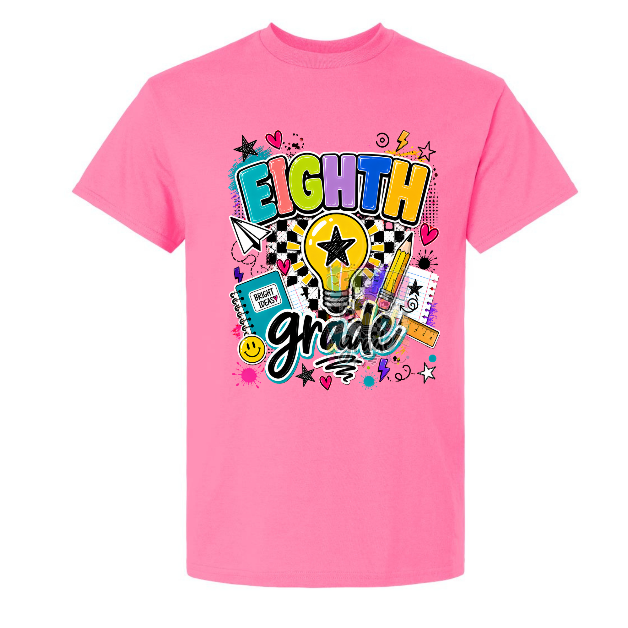 A bright pink short-sleeve t-shirt with a colorful retro-style graphic on the front reading 'EIGHTH grade' with a lightbulb, stars, hearts, and school-themed doodles, shown on a plain white background.