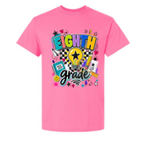 A bright pink short-sleeve t-shirt with a colorful retro-style graphic on the front reading 'EIGHTH grade' with a lightbulb, stars, hearts, and school-themed doodles, shown on a plain white background.