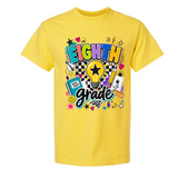 A bright yellow short-sleeve crewneck t-shirt featuring a colorful 'EIGHTH grade' graphic on the front, complete with a lightbulb, stars, hearts, and school supplies, shown against a plain white background.