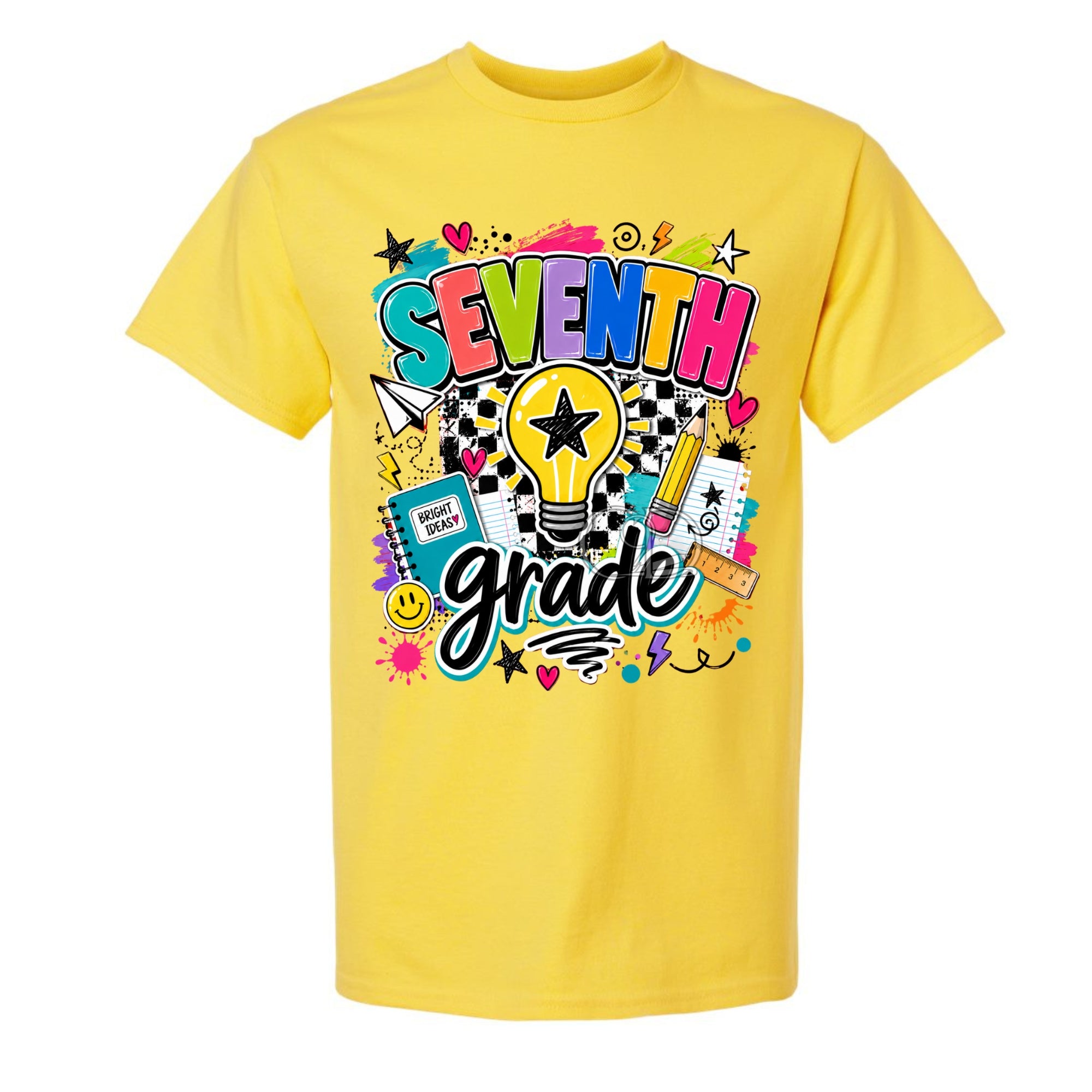 A bright yellow short-sleeve t-shirt with a colorful 'SEVENTH grade' graphic on the front, featuring school-themed doodles and text, shown against a plain white background.