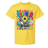 A bright yellow short-sleeve t-shirt with a colorful 'SEVENTH grade' graphic on the front, featuring school-themed doodles and text, shown against a plain white background.