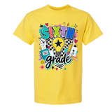 A bright yellow short-sleeve t-shirt with a colorful 'SIXTH grade' graphic on the front, featuring school-themed doodles and text, shown against a plain white background.