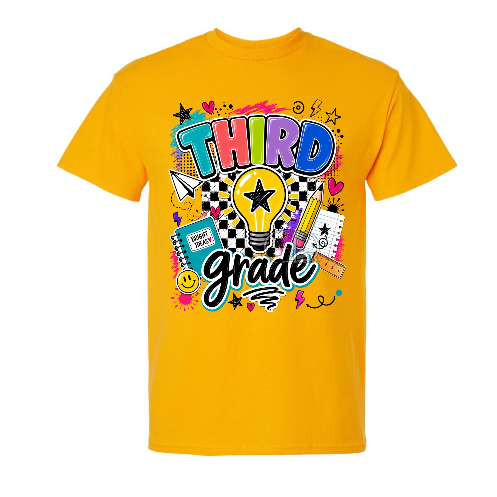 A bright yellow short-sleeve t-shirt with a colorful retro-style graphic on the chest reading 'THIRD grade' in bold multicolored letters, surrounded by doodles of stars, hearts, a lightbulb, a notebook, and other school-themed illustrations, shown on a plain white background.