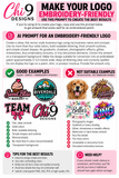 Chi 9 Designs embroidery-friendly AI logo preparation guide with fictional illustrative examples
