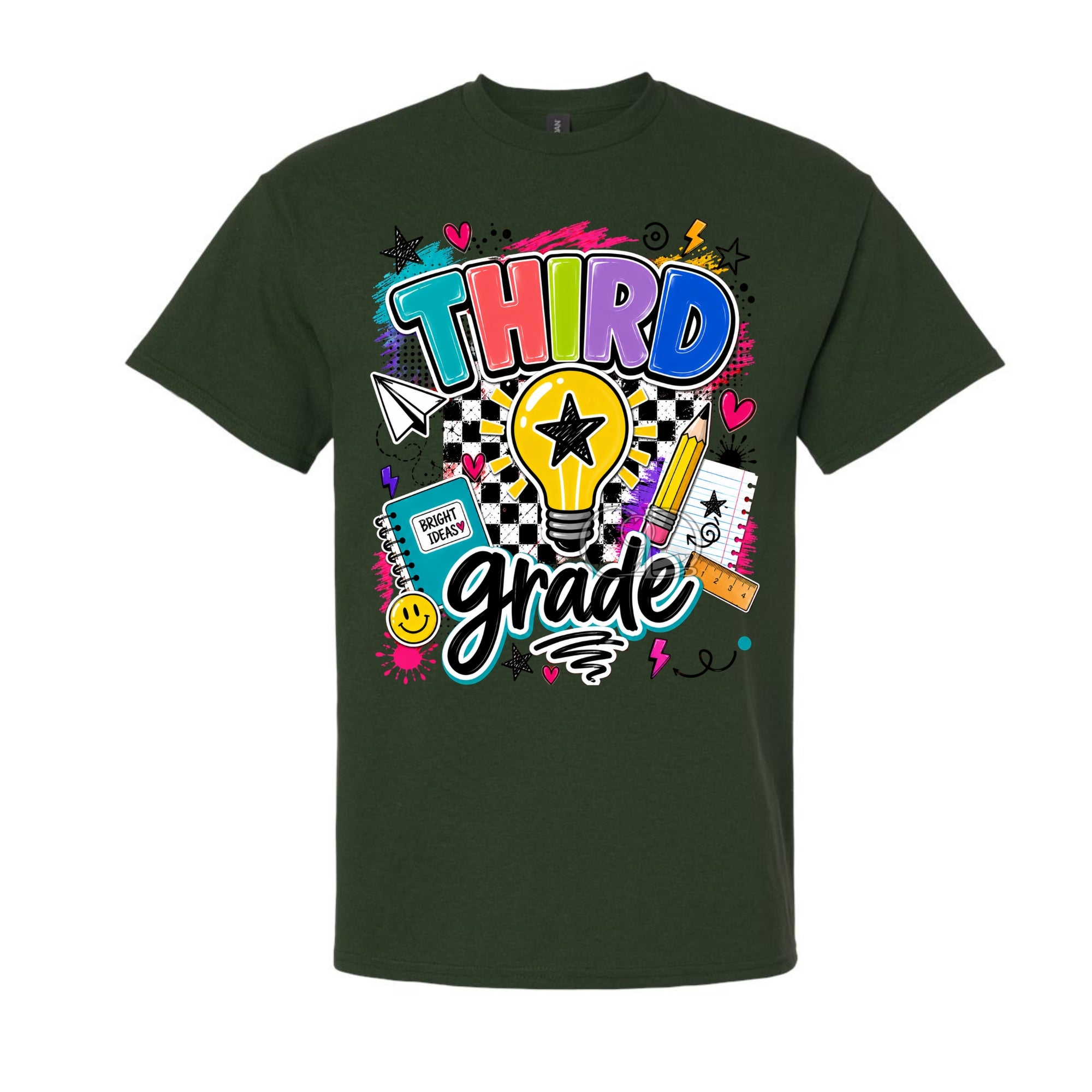 A dark forest green short-sleeve t-shirt with a colorful graphic on the front that reads 'THIRD grade' in stylized multicolor lettering, surrounded by school-themed doodles like a lightbulb, pencil, notebook, and heart.