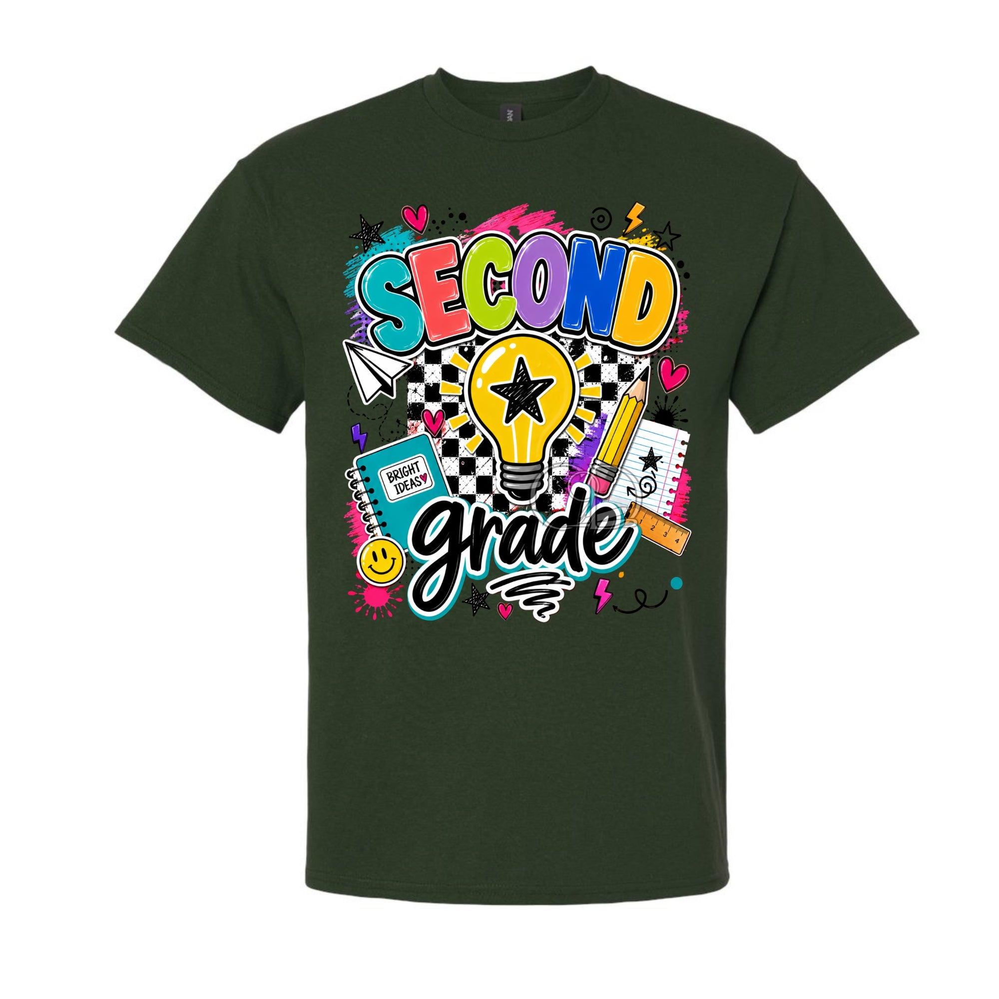 A dark green short-sleeve t-shirt with a colorful graphic on the chest that reads 'SECOND grade' in playful multicolor lettering, surrounded by school-themed doodles like a lightbulb, notebook, pencil, and stars, shown on a plain white background.