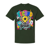 A dark green short-sleeve t-shirt with a colorful graphic on the chest that reads 'SECOND grade' in playful multicolor lettering, surrounded by school-themed doodles like a lightbulb, notebook, pencil, and stars, shown on a plain white background.