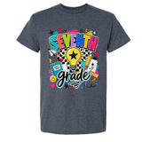 A dark heather gray t-shirt featuring a colorful 'SEVENTH grade' graphic on the front, complete with a lightbulb, stars, and school-themed doodles, shown against a plain white background.