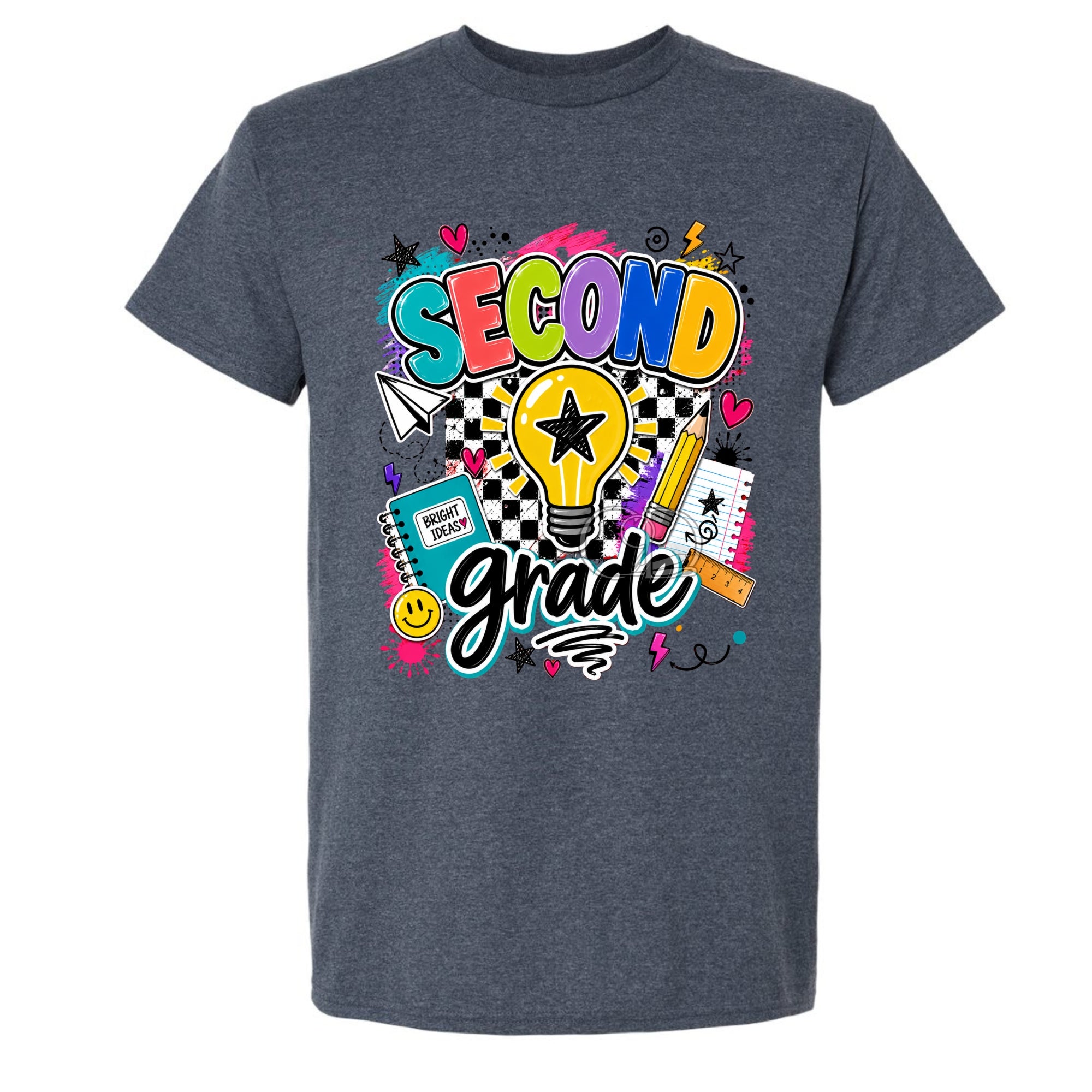 A dark heather gray t-shirt featuring a colorful 'Second Grade' graphic on the front, complete with a lightbulb, stars, hearts, and school supplies, shown against a plain white background.