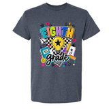 A dark heather gray t-shirt with a colorful 'Eighth Grade' graphic on the front, featuring a lightbulb, stars, hearts, and school-themed doodles, shown against a plain white background.