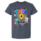 A dark heather gray t-shirt with a colorful 'Third Grade' graphic on the front, featuring a lightbulb, stars, hearts, and school-themed doodles, shown against a plain white background.