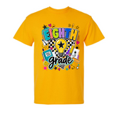 A gold short-sleeve t-shirt with a colorful 'EIGHTH grade' graphic on the chest, featuring a lightbulb, stars, and school-themed doodles, shown against a plain white background.