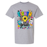 A heather gray short-sleeve crewneck t-shirt featuring a colorful 'Eighth Grade' graphic on the front, complete with a lightbulb, stars, hearts, and school-themed doodles.