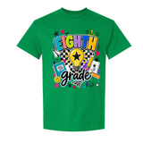 A green short-sleeve crewneck t-shirt featuring a colorful 'EIGHTH grade' graphic on the front, complete with a lightbulb, stars, hearts, and school-themed doodles, shown against a plain white background.