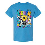 A heather blue short-sleeve t-shirt with a colorful 'Eighth Grade' graphic on the front, featuring a lightbulb, stars, hearts, and school-themed doodles, shown against a plain white background.
