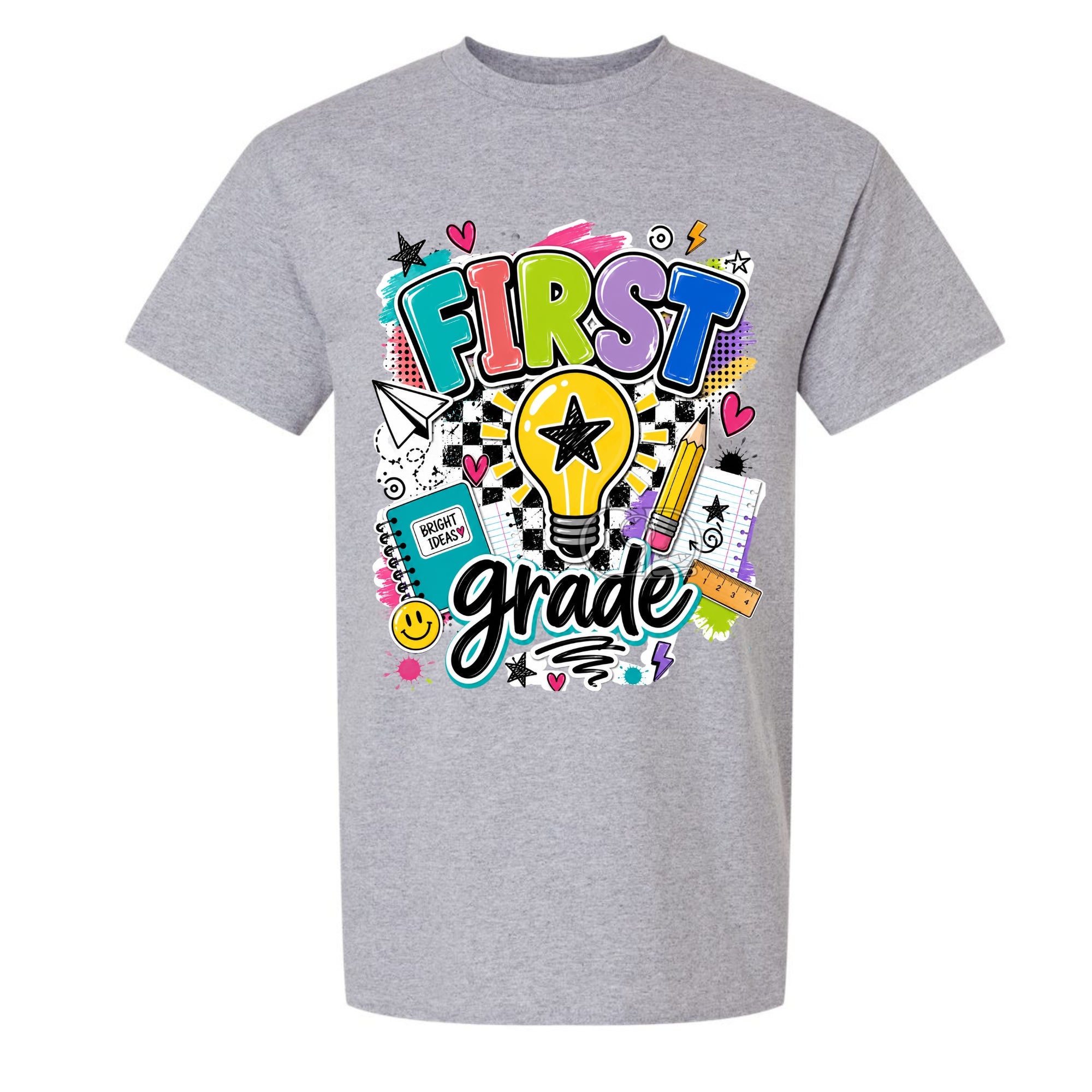 A on the front that reads 'FIRST grade' in playful multicolor lettering, surrounded by school-themed doodles like a lightbulb, pencil, notebook, and stars.