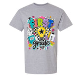 A on the front that reads 'FIRST grade' in playful multicolor lettering, surrounded by school-themed doodles like a lightbulb, pencil, notebook, and stars.