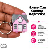 A pink house-shaped keychain can opener held in a hand, shown with product text and feature icons on a white background. The keychain has a silver metal key ring and chain.