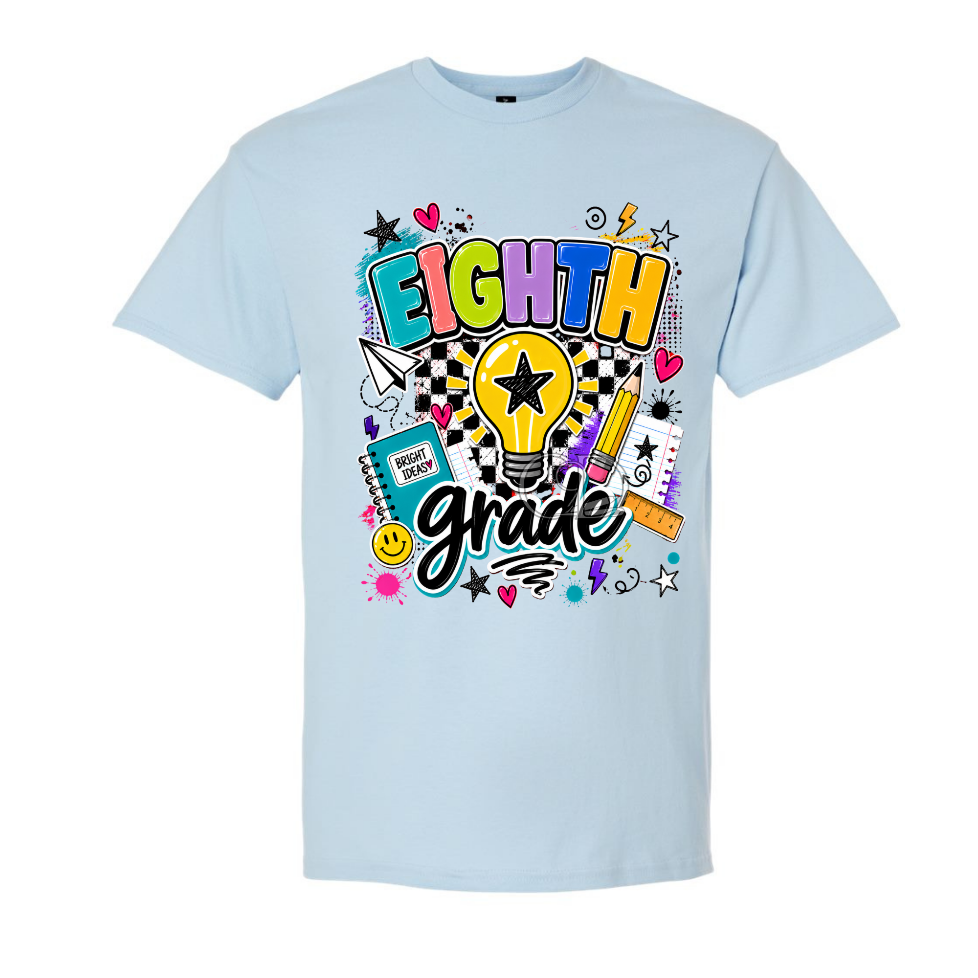 A light blue crewneck t-shirt featuring a colorful 'EIGHTH grade' graphic on the front, complete with a lightbulb, stars, hearts, and school supplies.